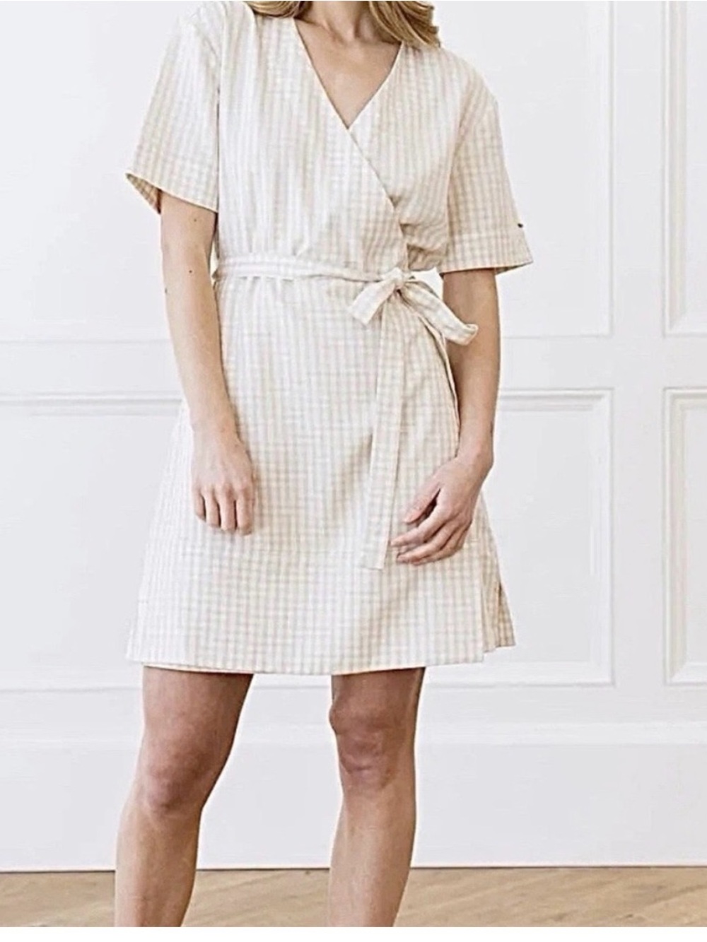 Beige Gingham Wrap V-Neck Short Sleeve Dress